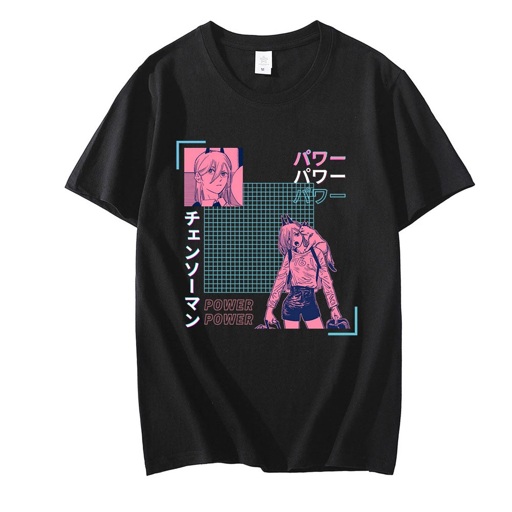  Chainsaw Man Retro Power T-Shirt, a fusion of nostalgia and modern fashion inspired by the iconic manga and anime series.