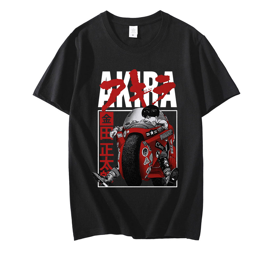 A black Akira motorcycle-themed T-shirt with a dynamic print of Kaneda's iconic red motorcycle speeding through the futuristic cityscape