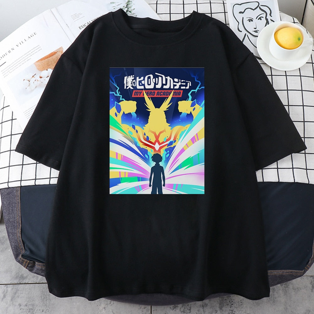 An All Might My Hero Academia-inspired unisex T-shirt with a bold graphic featuring the iconic superhero All Might in a heroic pose, exuding strength and confidence.