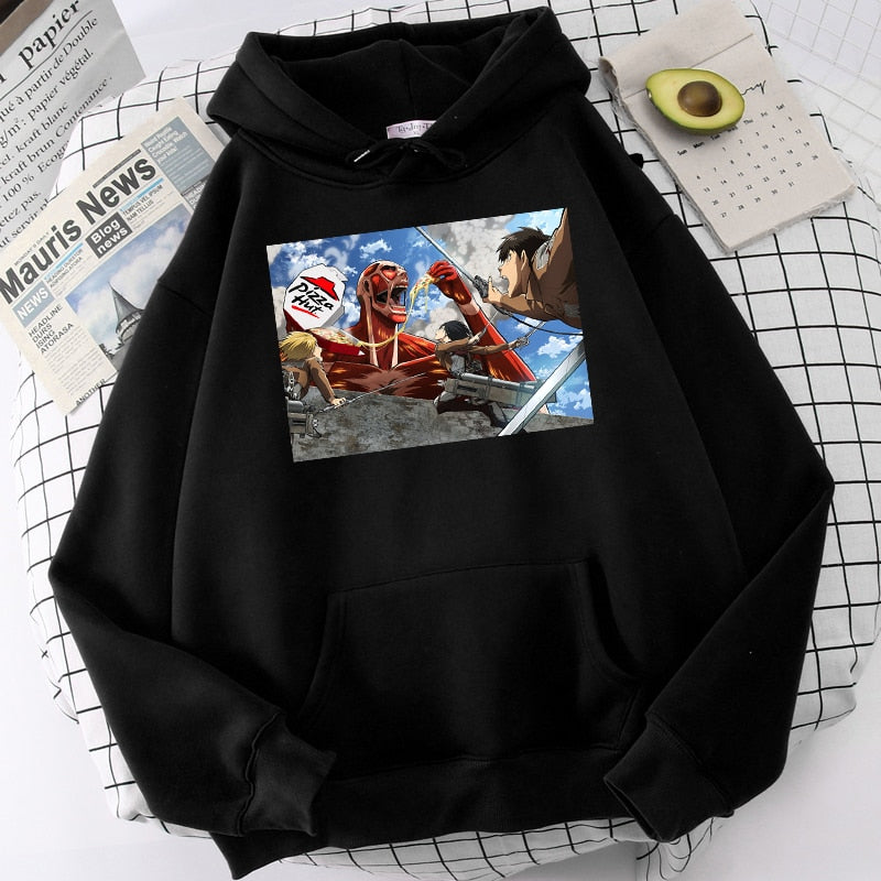 Comical Pizza Eating Colossal Titan Hoodie - Asian Size, Fun and Casual Polyester Hooded Sweatshirt, Full Sleeve Design