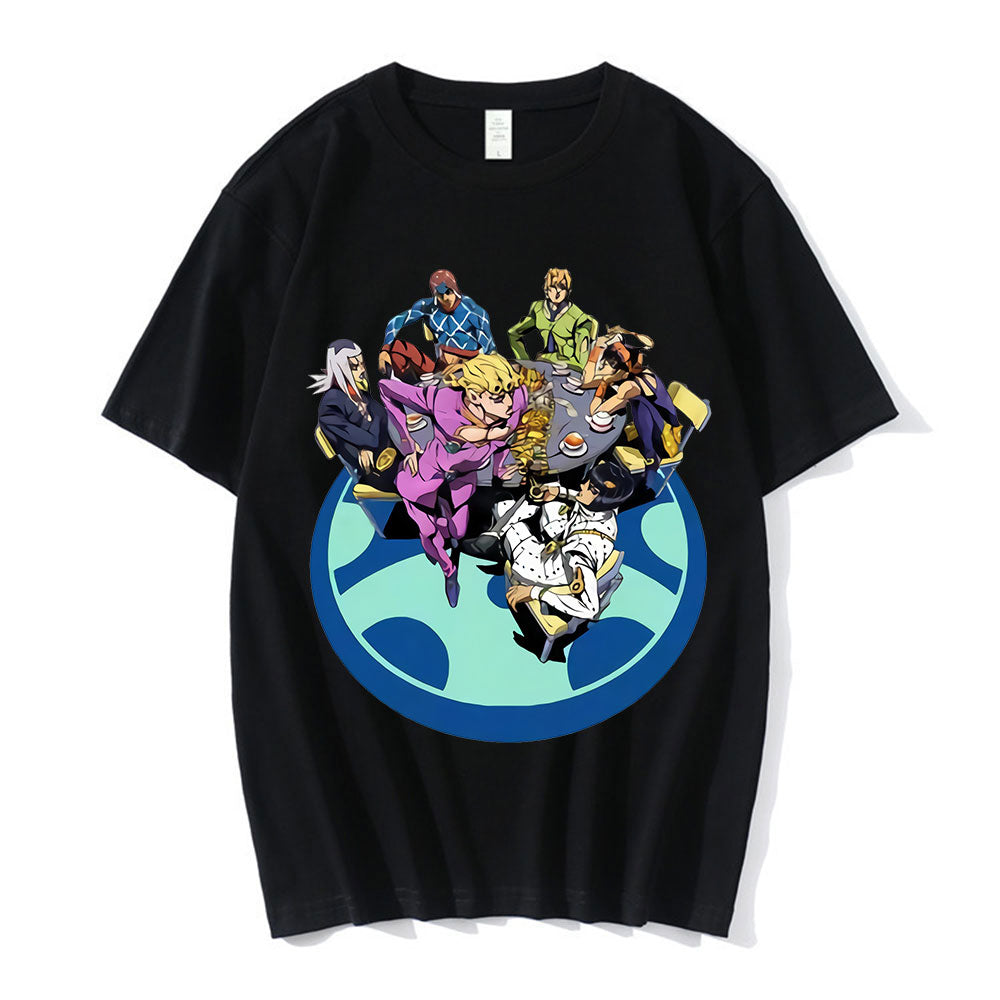 Celebrate JoJo's Bizarre Adventure with our Table Manners T-Shirt. This unisex tee offers casual comfort, featuring short sleeves, an O-neck collar, and a "Table Manners" design for fans of the iconic series.