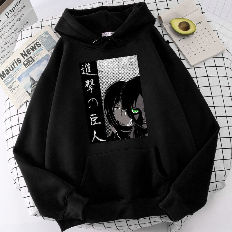 Travel back in time with our Young Mikasa and Eren Hoodie, inspired by Attack On Titan. This unisex Asian-sized hoodie is made from premium polyester, offering a casual style perfect for year-round wear. 