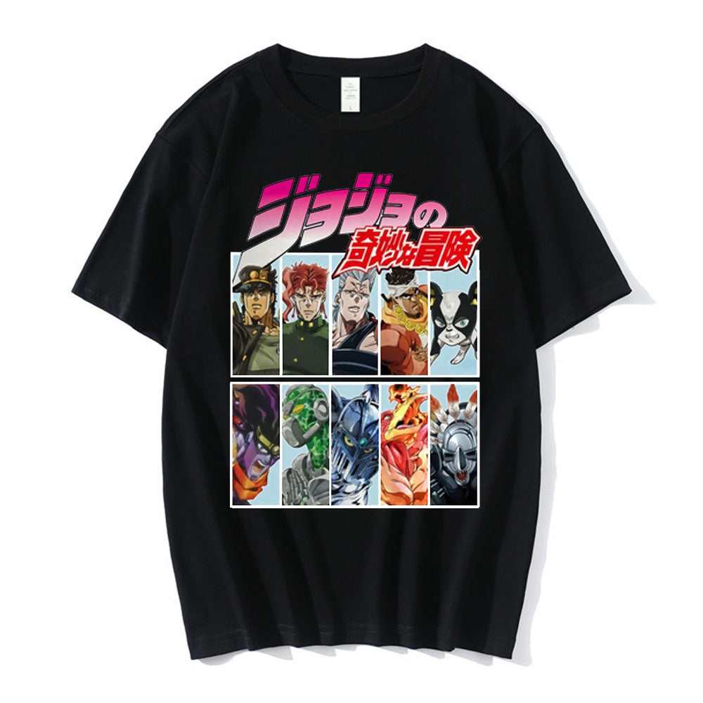 JoJo's Bizarre Adventure Cast T-Shirt Unisex Asian Size Casual Tee Short Sleeve Polyester T-Shirt Iconic Cast of Characters Design