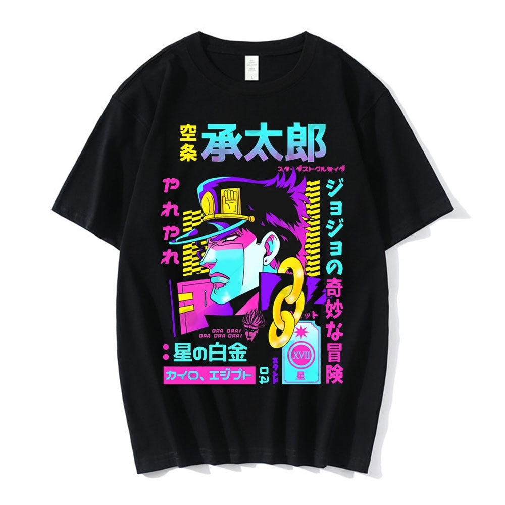 Step into the vibrant world of JoJo's Bizarre Adventure with our striking Neon Retro T-Shirt. Designed for men who are true fans of the series, this t-shirt blends style and comfort seamlessly.