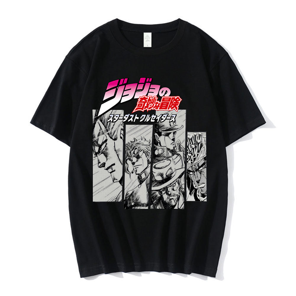 Experience the iconic world of JoJo's Bizarre Adventure with our Black & White Styled T-Shirt. This unisex t-shirt offers casual comfort with short sleeves, an O-neck collar, and a striking black and white design inspired by the series.