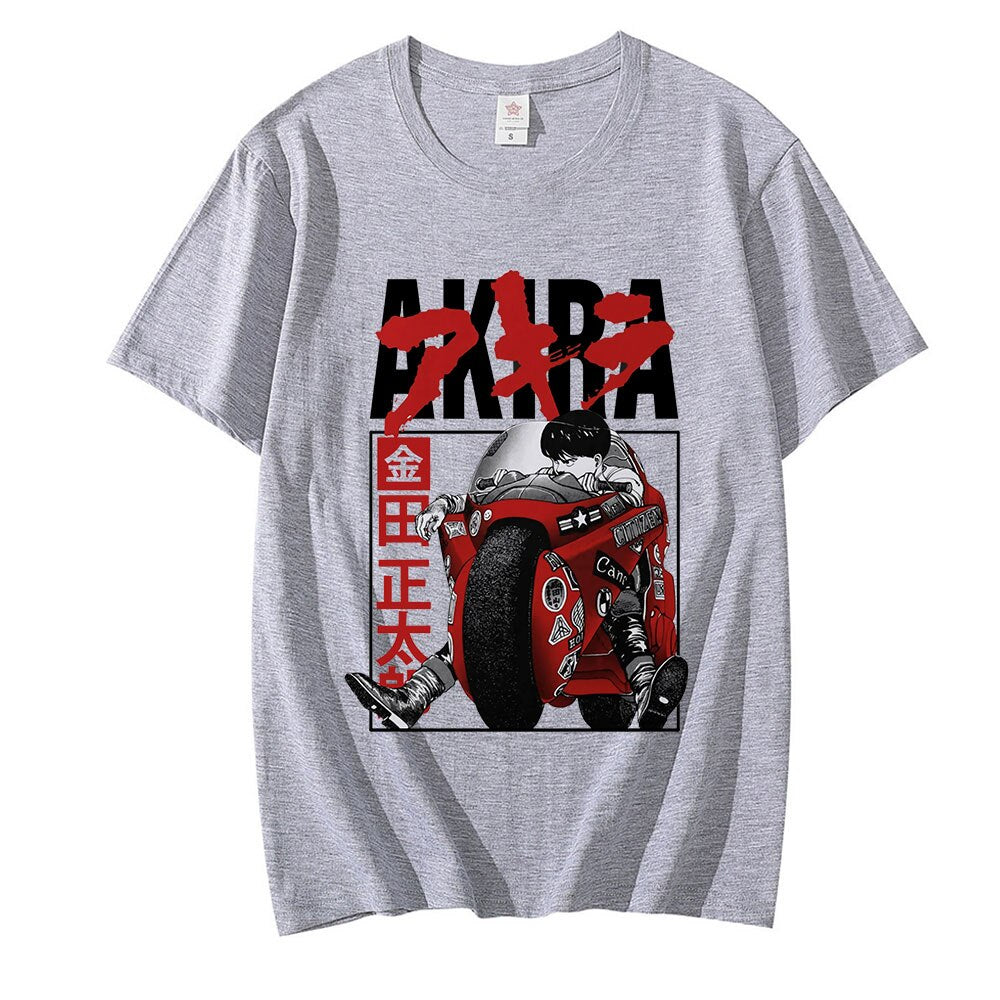 A grey Akira motorcycle-themed T-shirt with a dynamic print of Kaneda's iconic red motorcycle speeding through the futuristic cityscape