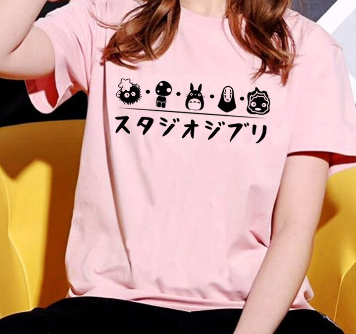 Studio Ghibli pink women's T-Shirt with black text and icons.