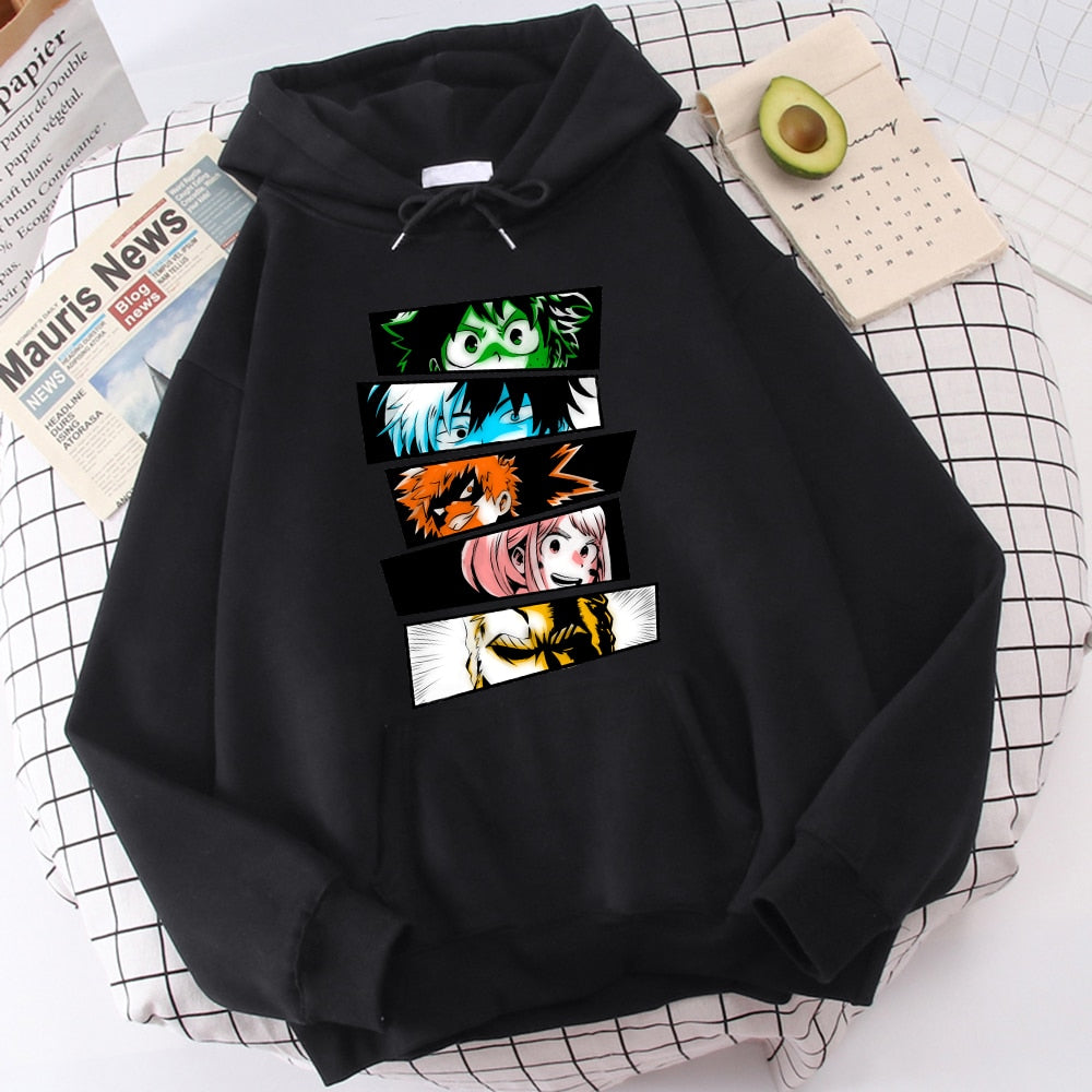 A Unisex Hoodie with a bold design featuring the All Might Disciples from My Hero Academia, symbolizing the spirit of heroism, available in Asian sizes and made from comfortable polyester and spandex materials.