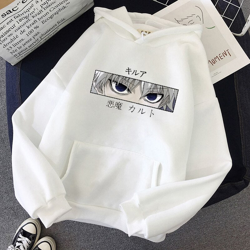 Killua blue eyes white hoodie hunter x hunter anime